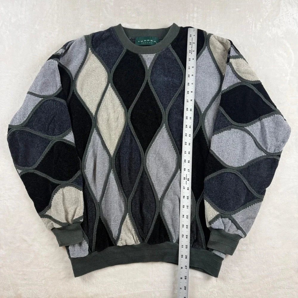Vintage Tundra Canada Sweater Mens L Grey 3D Knit Geometric Coogi Style Retro